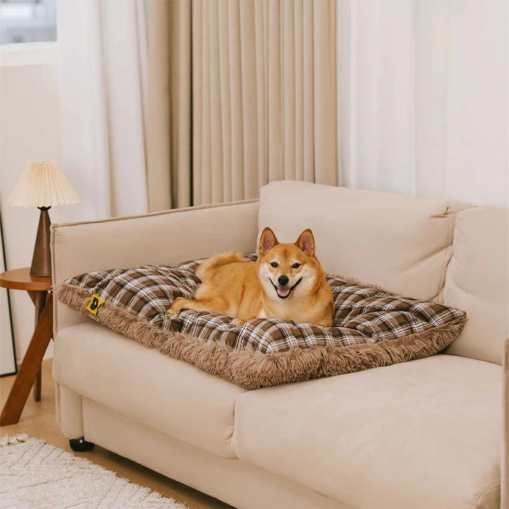 Classical Plaid Dual-Sided Removable Plush Calming Dog Mat