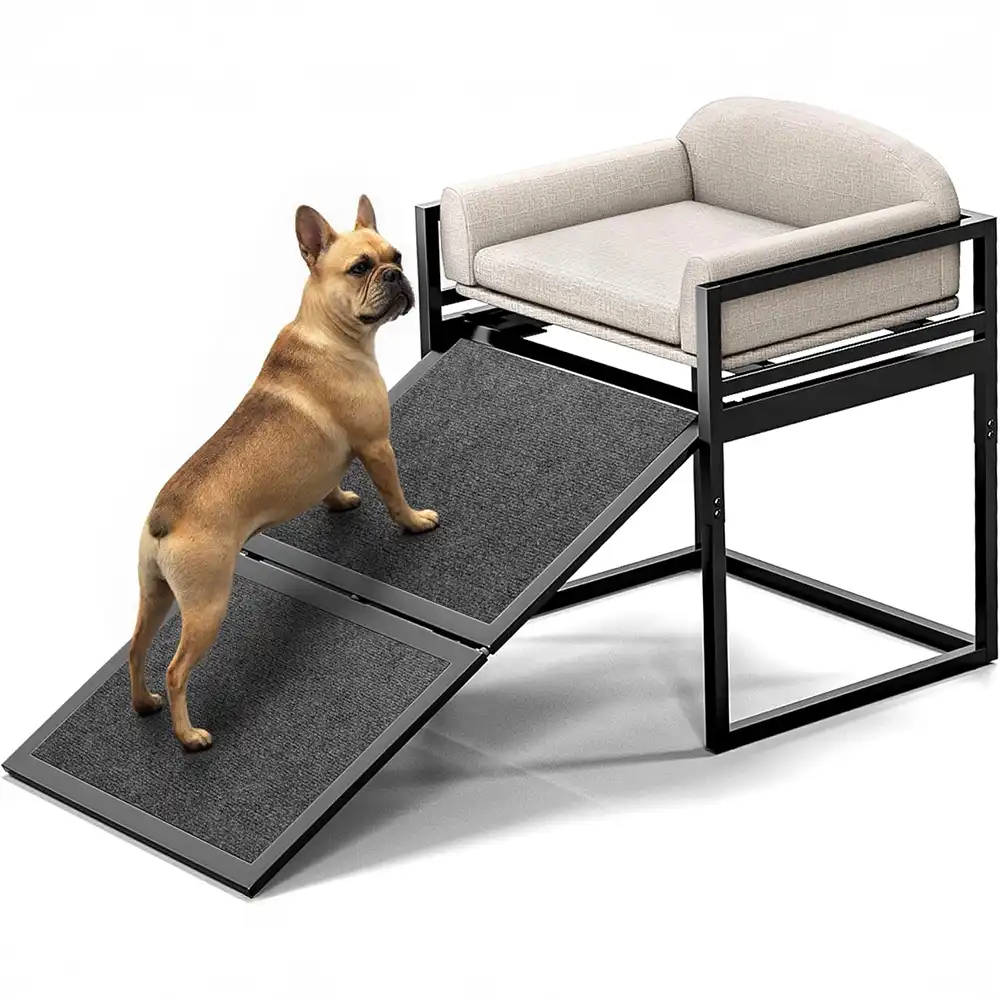 Elevated Pet Sofa Bed with Stairs Ramp for Bedside Lounge or Dog Window Perch