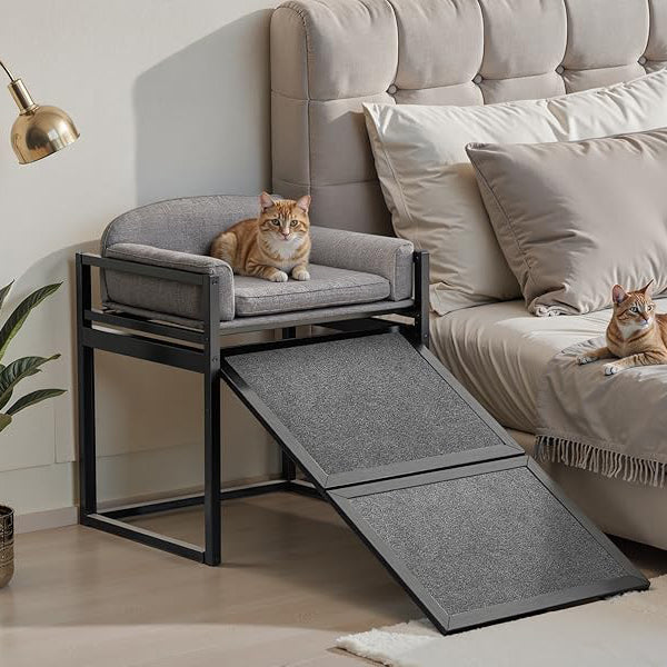 Elevated Pet Sofa Bed with Stairs Ramp for Bedside Lounge or Dog Window Perch