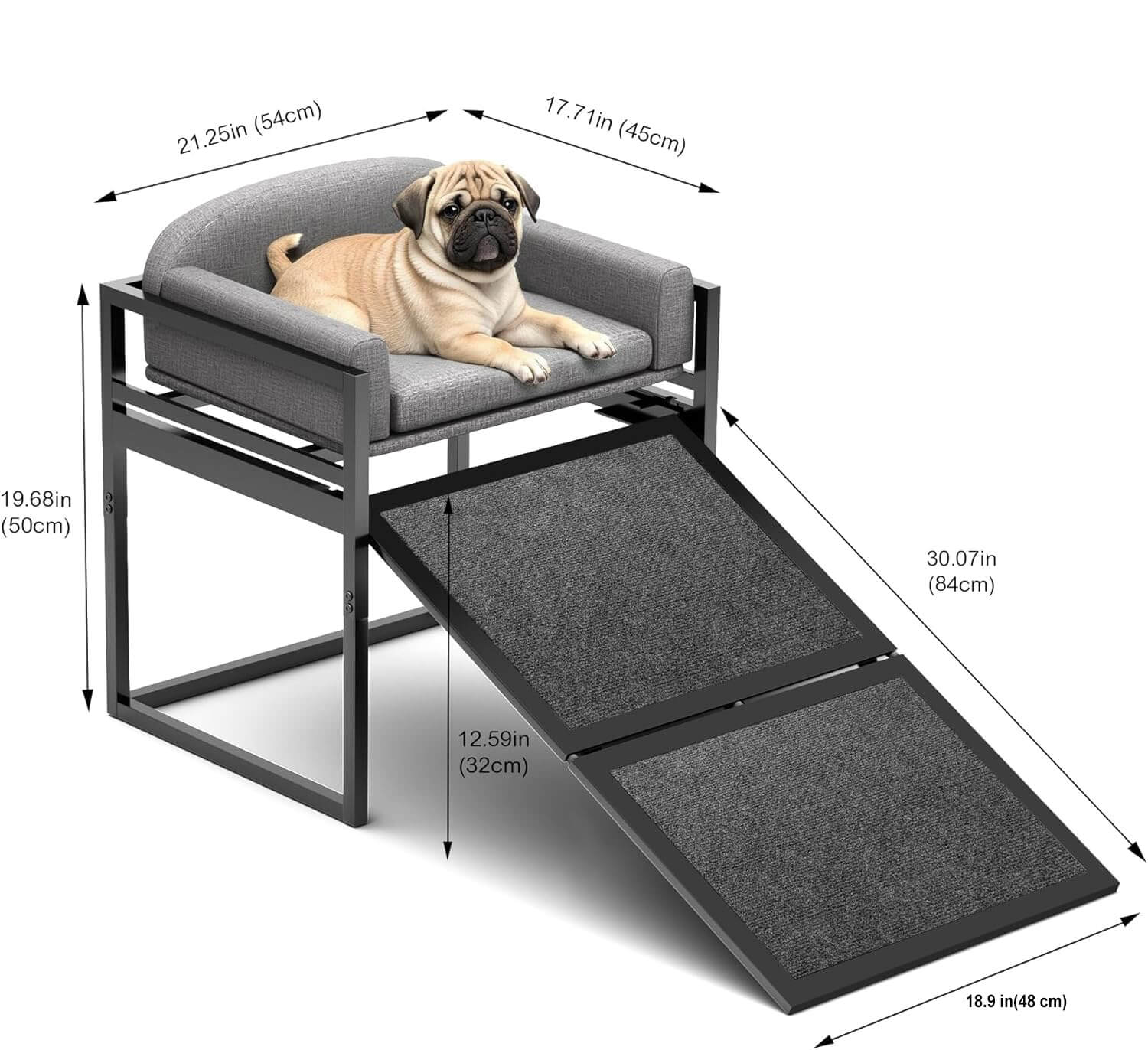 Elevated Pet Sofa Bed with Stairs Ramp for Bedside Lounge or Dog Window Perch