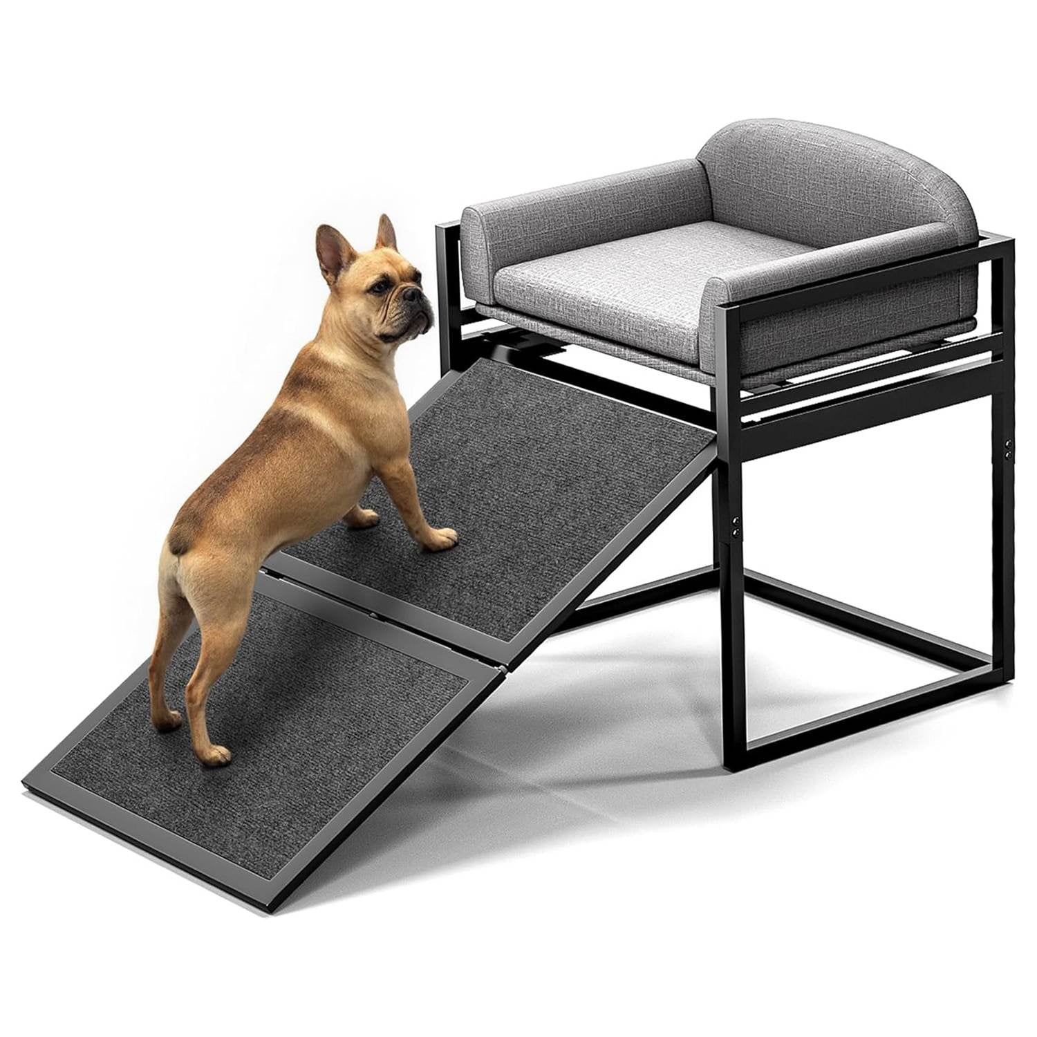 Elevated Pet Sofa Bed with Stairs Ramp for Bedside Lounge or Dog Window Perch