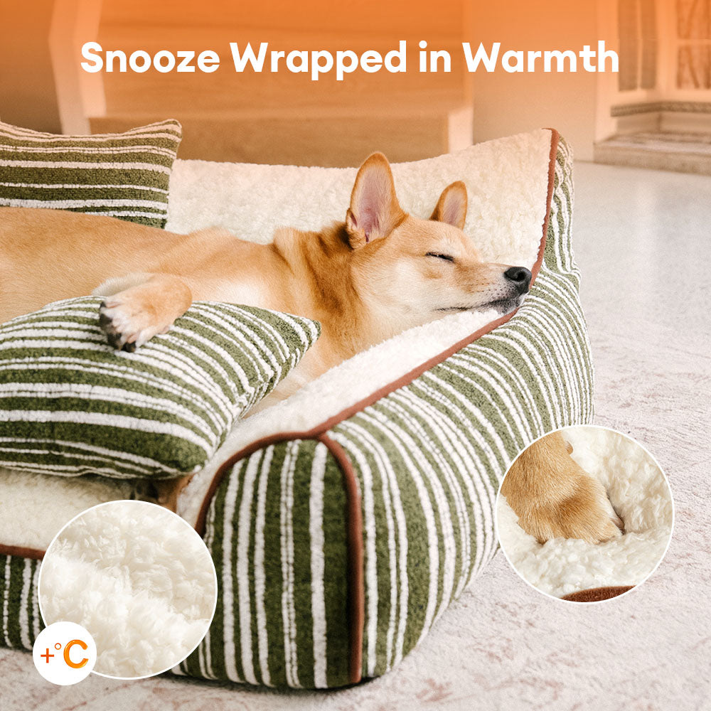 Plush Warm Stripe Orthopedic Dog & Cat Sofa Bed With Pillows- Grove Couch