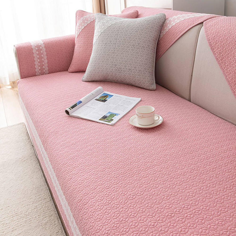 Pure Cotton Lace Trim Embossed Couch Cover