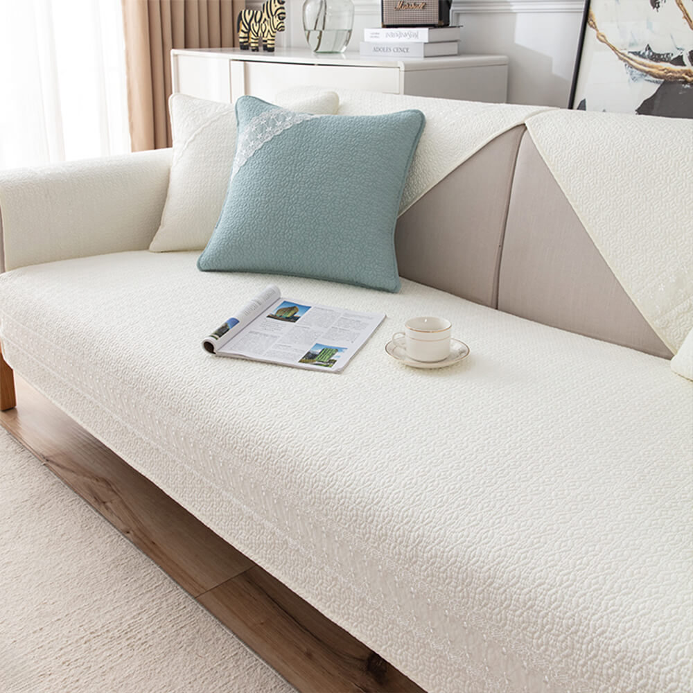 Pure Cotton Lace Trim Embossed Couch Cover