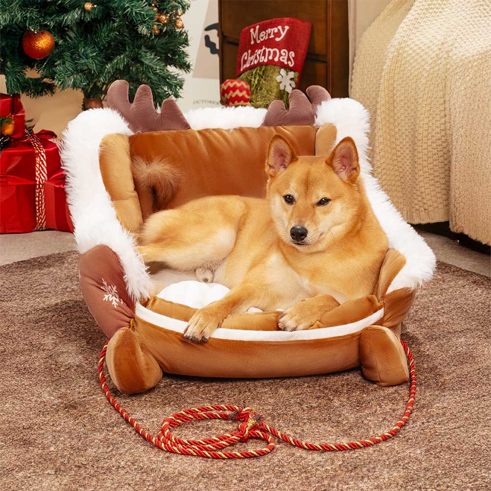 Festive Plush Cozy Dog Bed - Christmas Sleigh