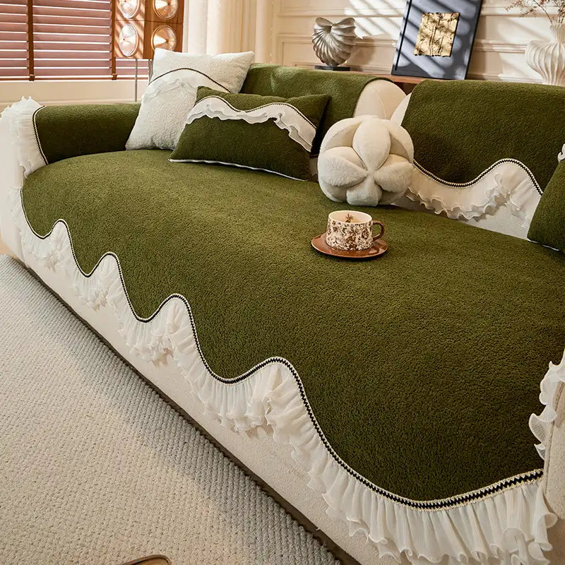 Elegant Soft Chenille Non-Slip Couch Cover with Ruffled Skirt
