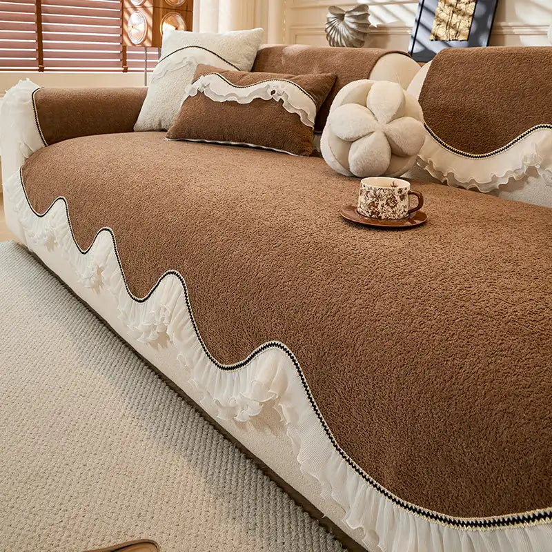 Elegant Soft Chenille Non-Slip Couch Cover with Ruffled Skirt