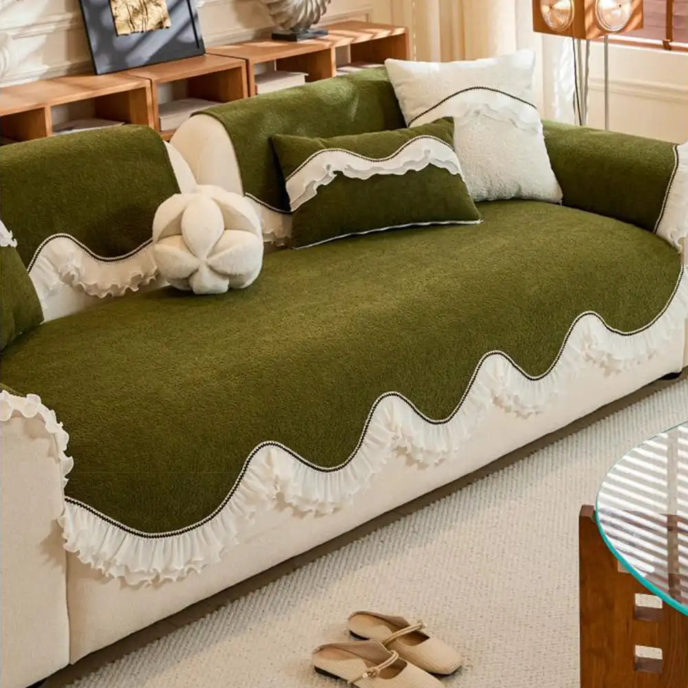 Elegant Soft Chenille Non-Slip Couch Cover with Ruffled Skirt