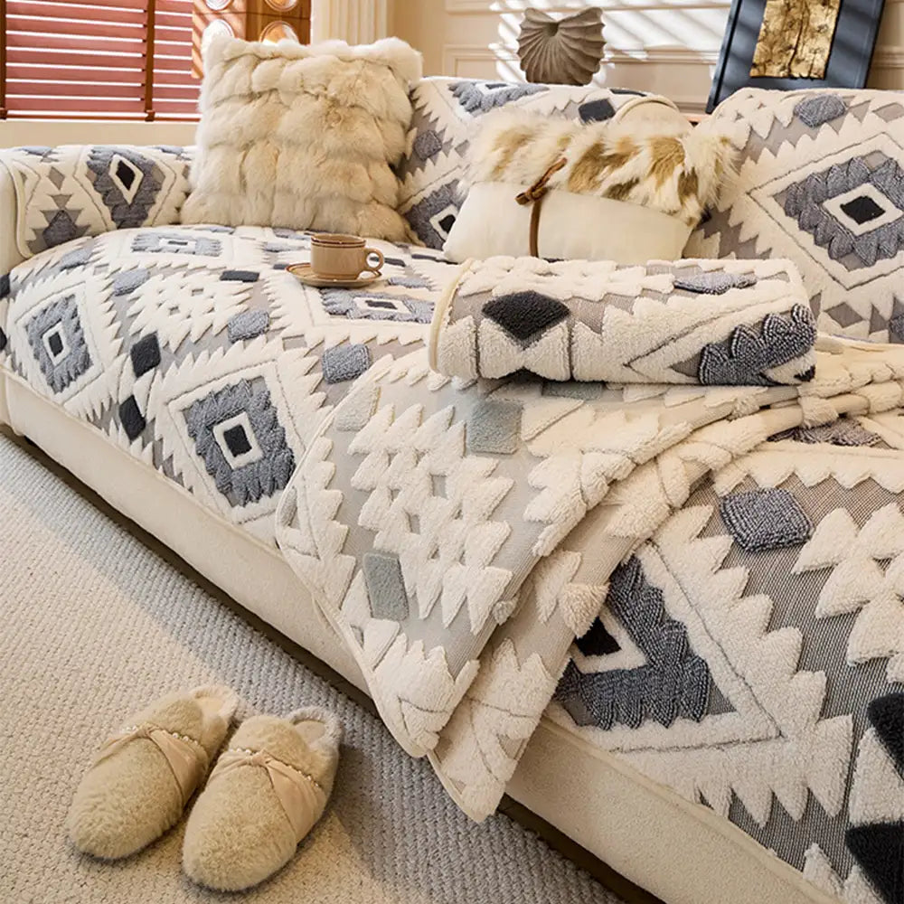 Modern Geometric Thick Plush Anti-Scratch Non-Slip Couch Cover