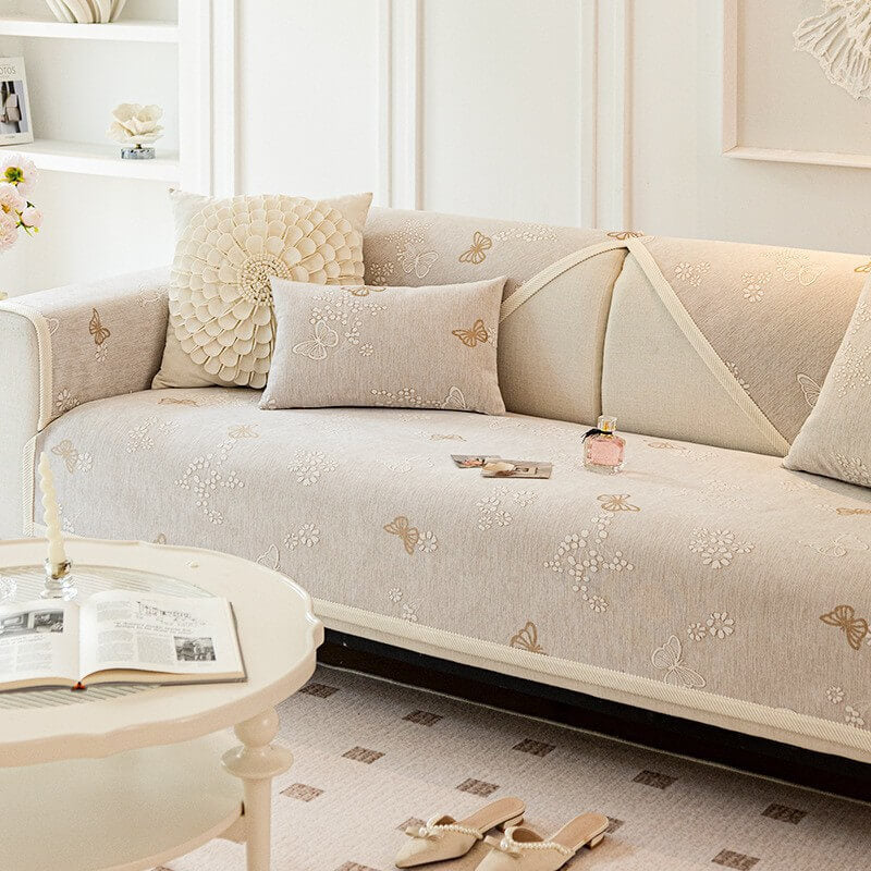 Chenille Anti-Slip Butterfly Pattern Morandi Color Couch Cover
