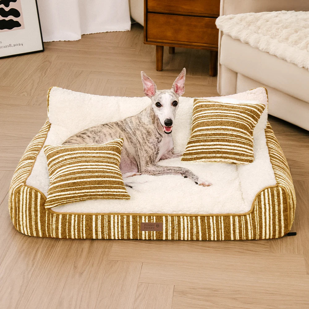 Plush Warm Stripe Orthopedic Dog & Cat Sofa Bed With Pillows- Grove Couch