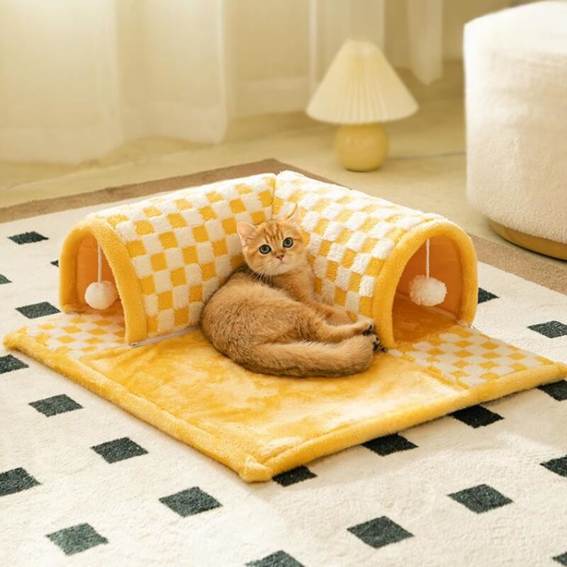 2-in-1 Funny Plush Plaid Checkered Cat Tunnel Bed