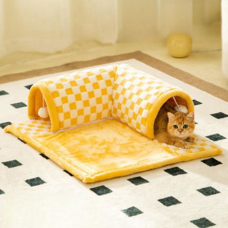 2-in-1 Funny Plush Plaid Checkered Cat Tunnel Bed