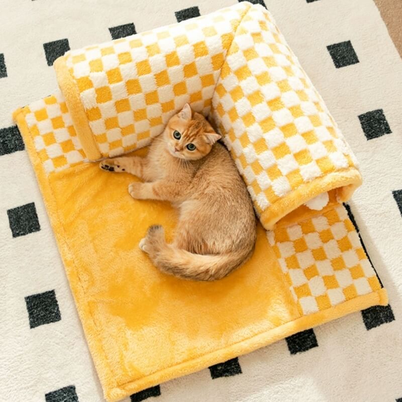 2-in-1 Funny Plush Plaid Checkered Cat Tunnel Bed