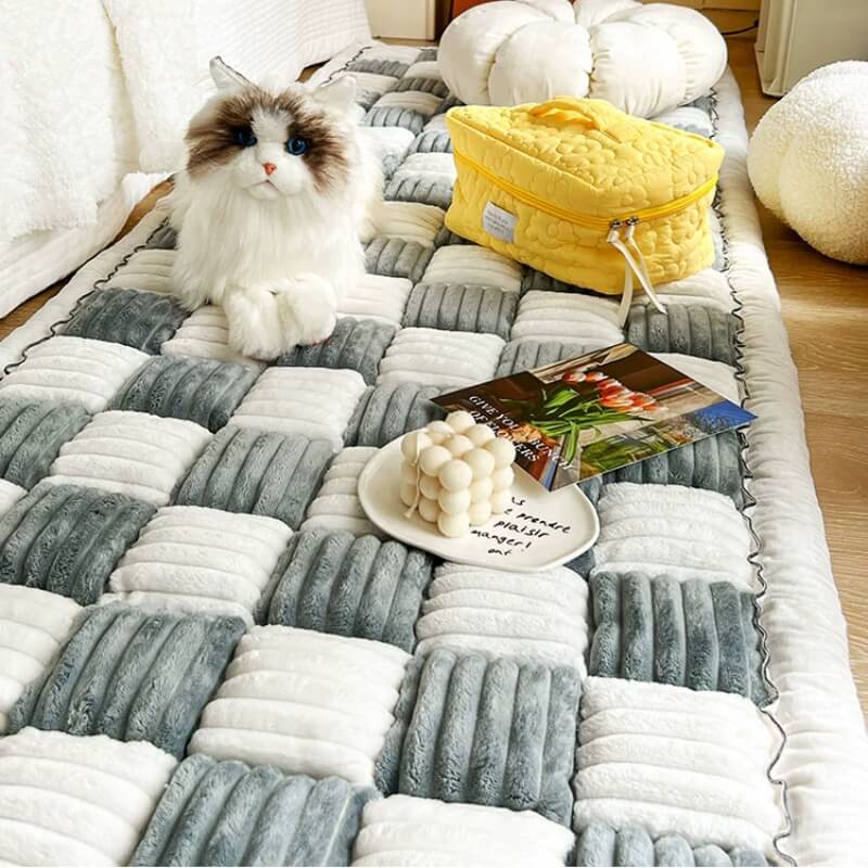 Cream-colored Large Plaid Square Fuzzy Pet Mat Bed Couch Cover