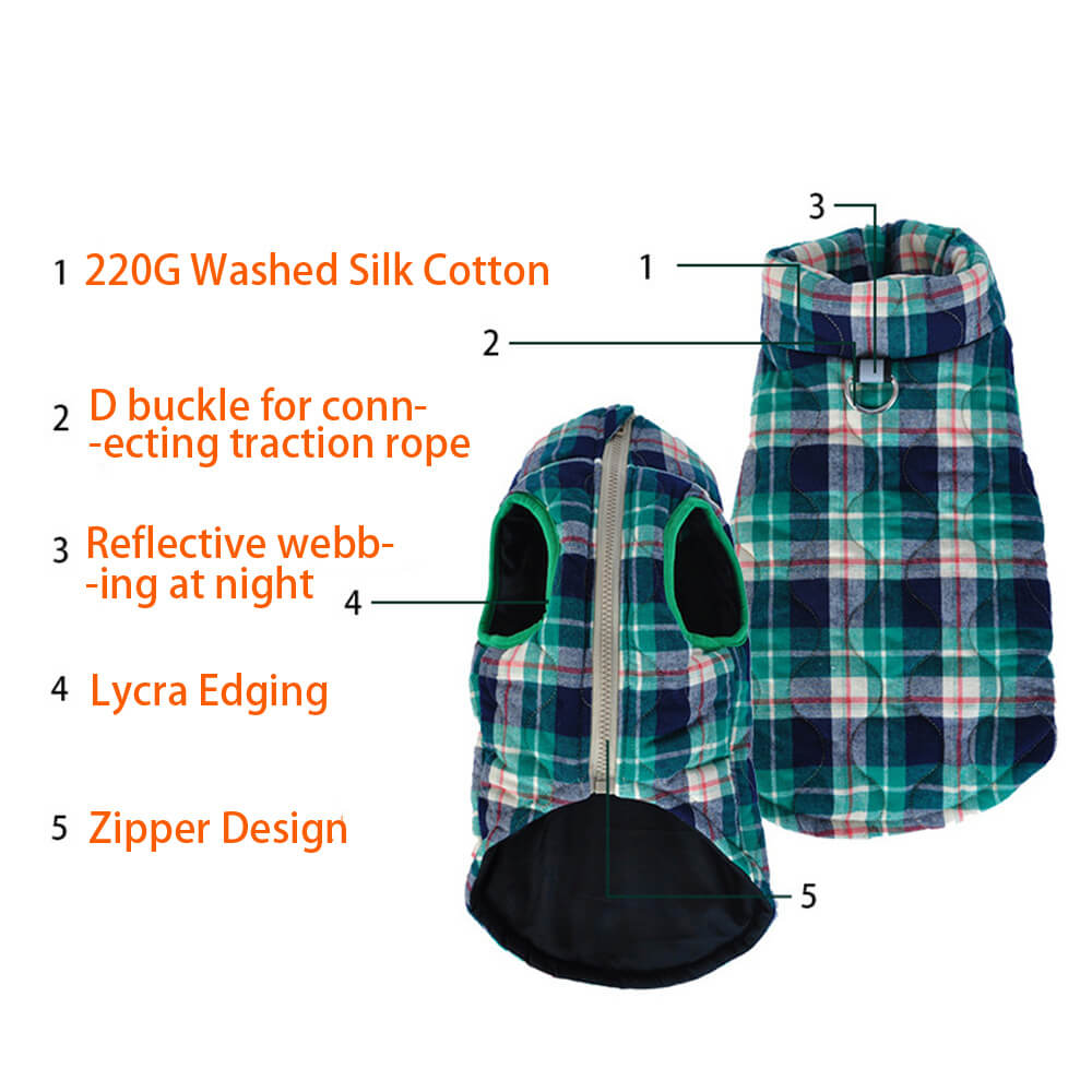 British Style Plaid Dog Vest Padded Jacket with D-Ring