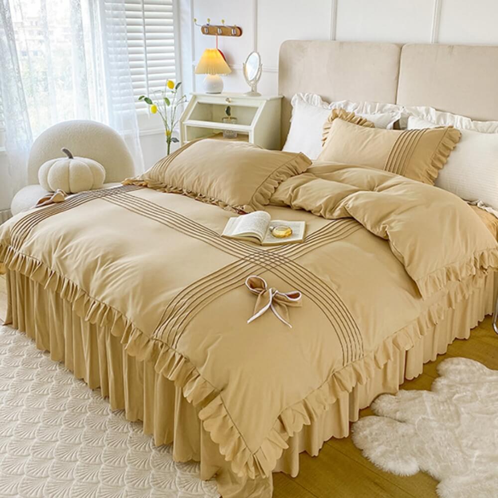 Elegant Bow-Decorated Milk Velvet Comfort Bed Sheet Set with Bed Skirt