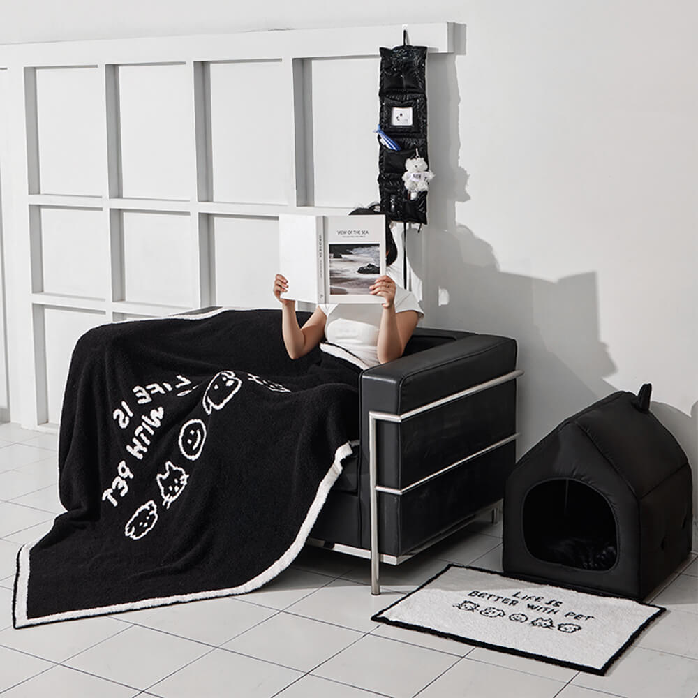 Black & White Reversible Dual-Sided Printed Dog & Cat Blanket