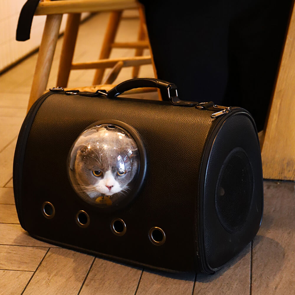 Classic Leather Breathable Transparent Dome Cat Carrier Bag