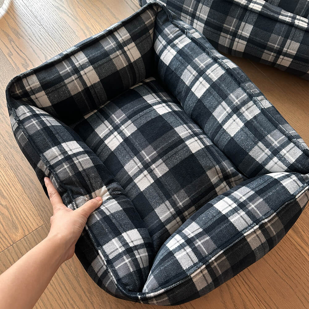 Durable Black Plaid Warm Full Surround Support Dog & Cat Bed