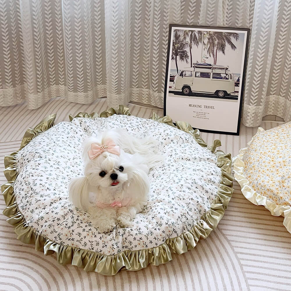 Floral Ruffled All-season Cozy Washable Round Dog Bed