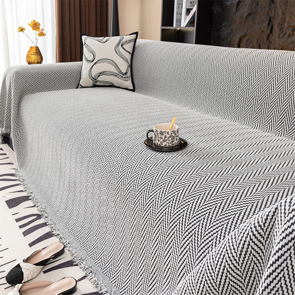 Premium Herringbone Chenille Fringe Full Coverage Couch Cover