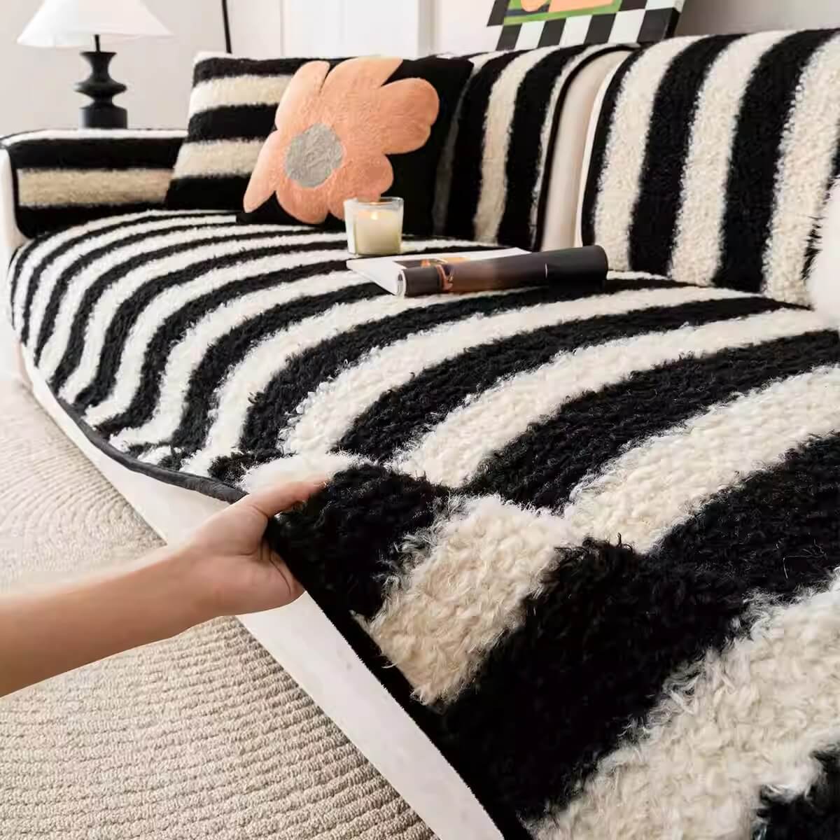 Faux Lambswool Striped Colorblock Non-Slip Couch Cover