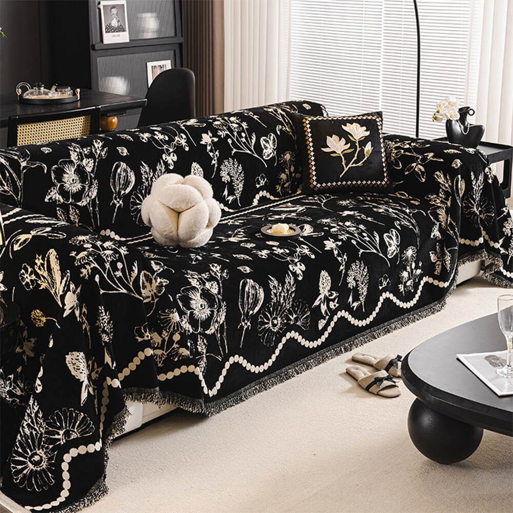 Chenille Floral Art with Tassel Edge Non-Slip Throw Couch Cover