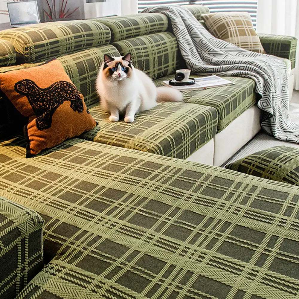 Checkered Stretch Universal Fully Fitted Anti-Cat Scratch Couch Cover - Suitable for All Seasons