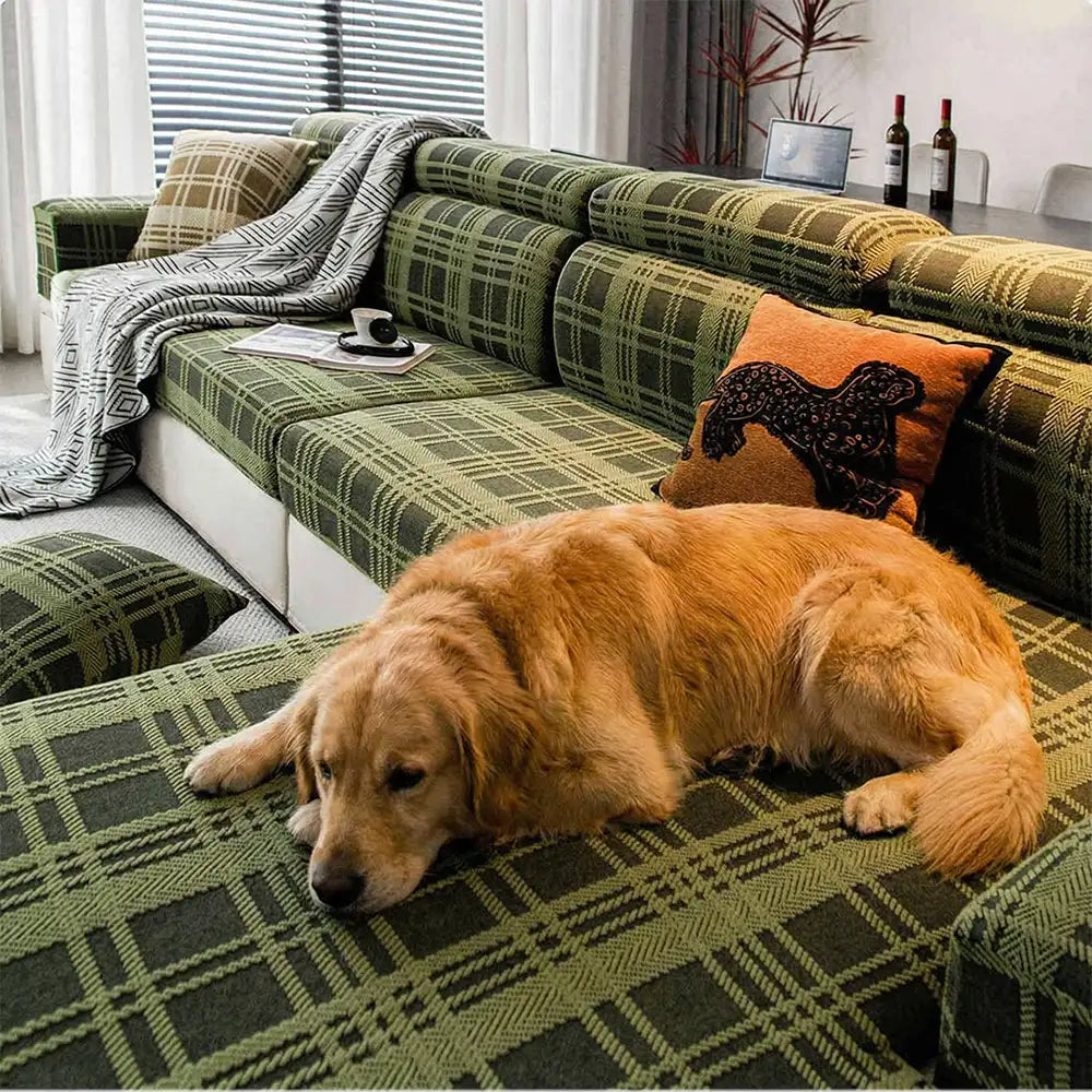 Checkered Stretch Universal Fully Fitted Anti-Cat Scratch Couch Cover - Suitable for All Seasons