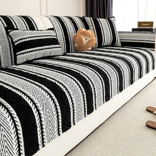 Color-Blocked Striped Chenille Non-Slip Couch Cover - Suitable For All Seasons
