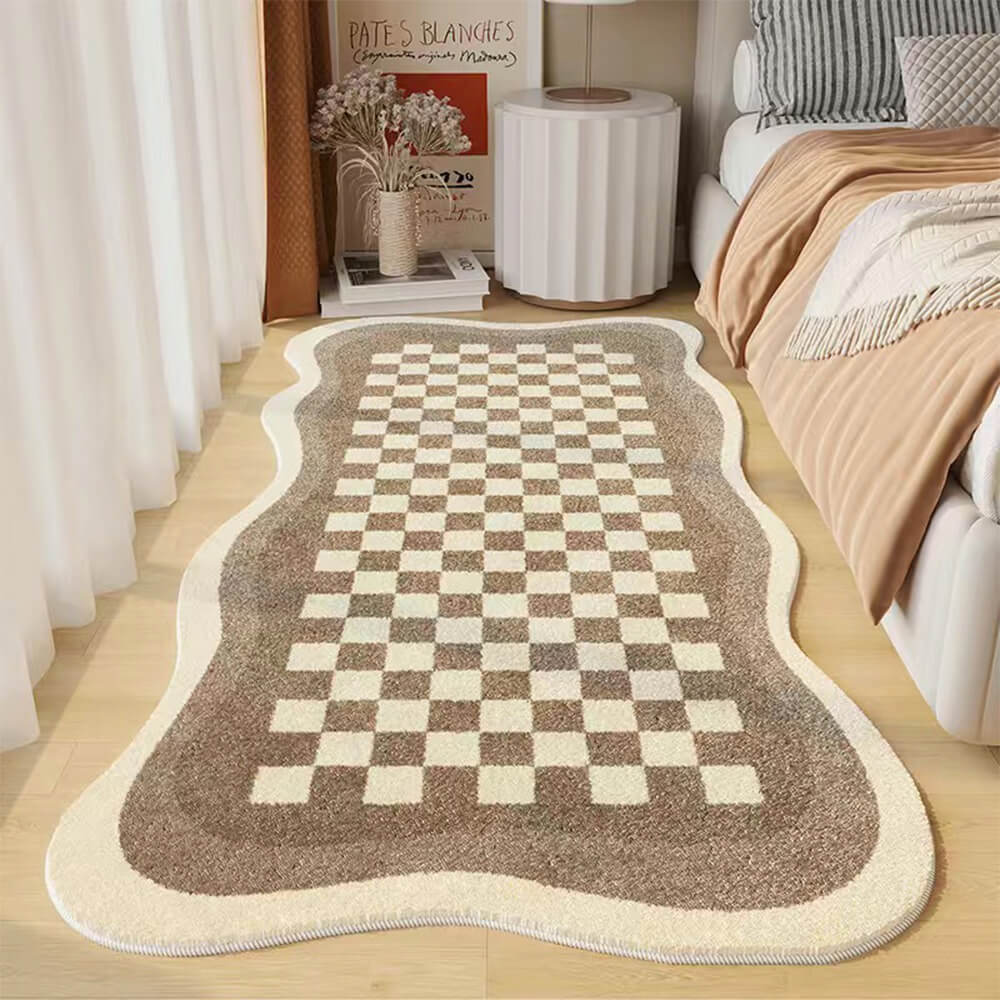 Faux Cashmere Checkerboard Cozy Bedside Carpet Irregular Shape Rug