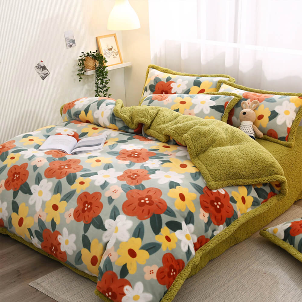 Floral Print Milk Velvet & Sherpa Double-Sided Bed Sheet Set