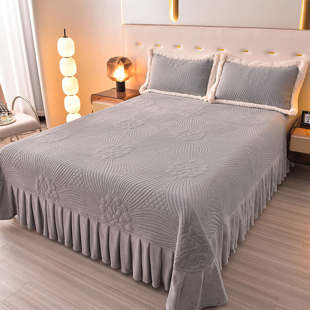 Floral Quilted Cozy Thickened Milk Fleece Bed Skirt Set