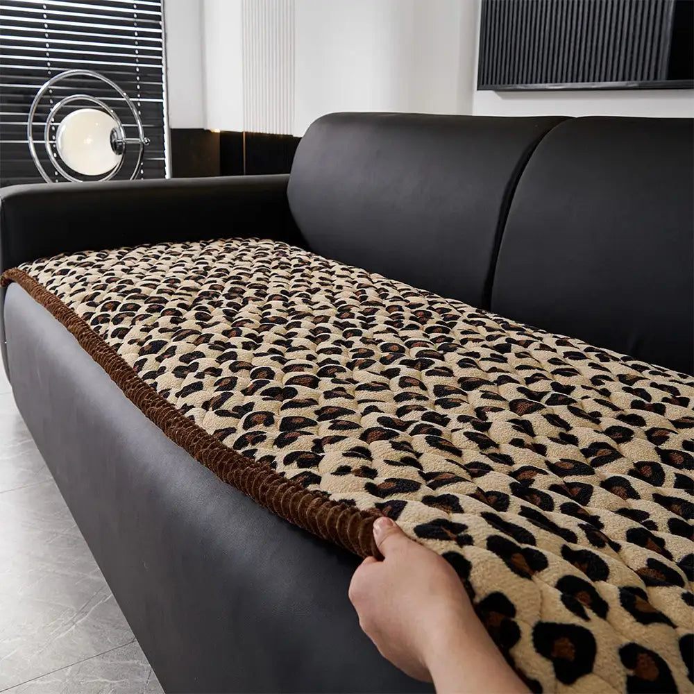 Leopard Print Plush Quilted Couch Cover