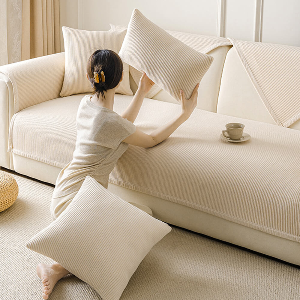 Modern Cream Vertical Stripes Fleece Couch Cover for All Seasons