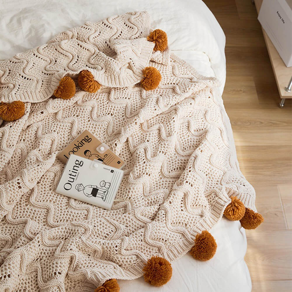 Nordic Style Chenille Pom Pom Cozy Throw Blanket with Pillowcase