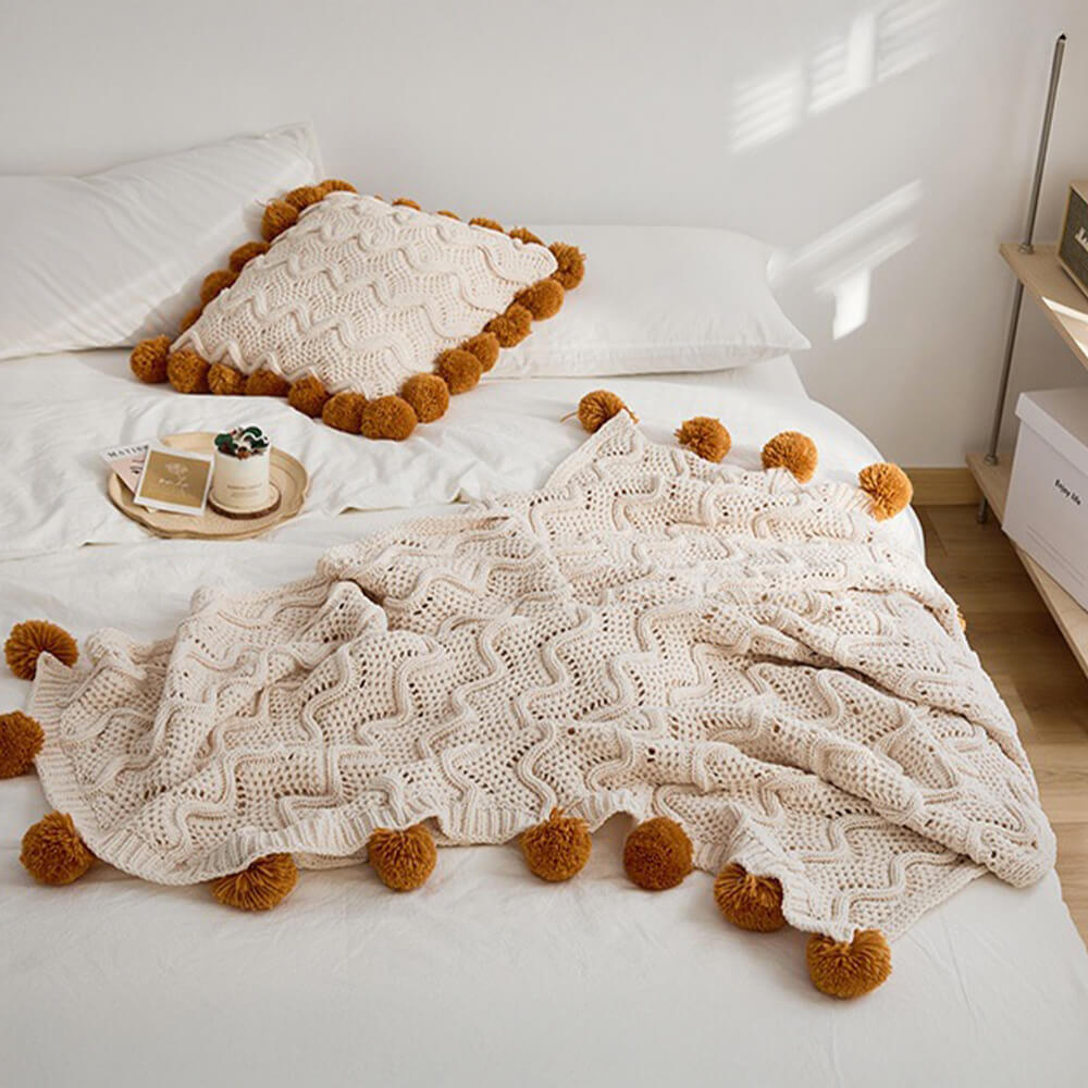 Nordic Style Chenille Pom Pom Cozy Throw Blanket with Pillowcase