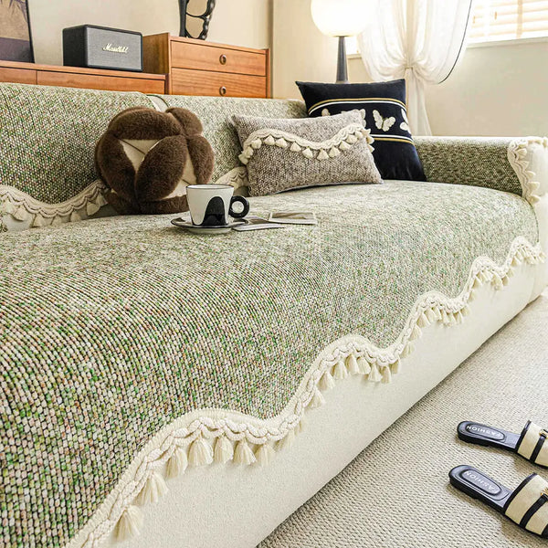 Chic Chenille Bouclé Non-Slip Couch Cover with Wavy Tassel Trim