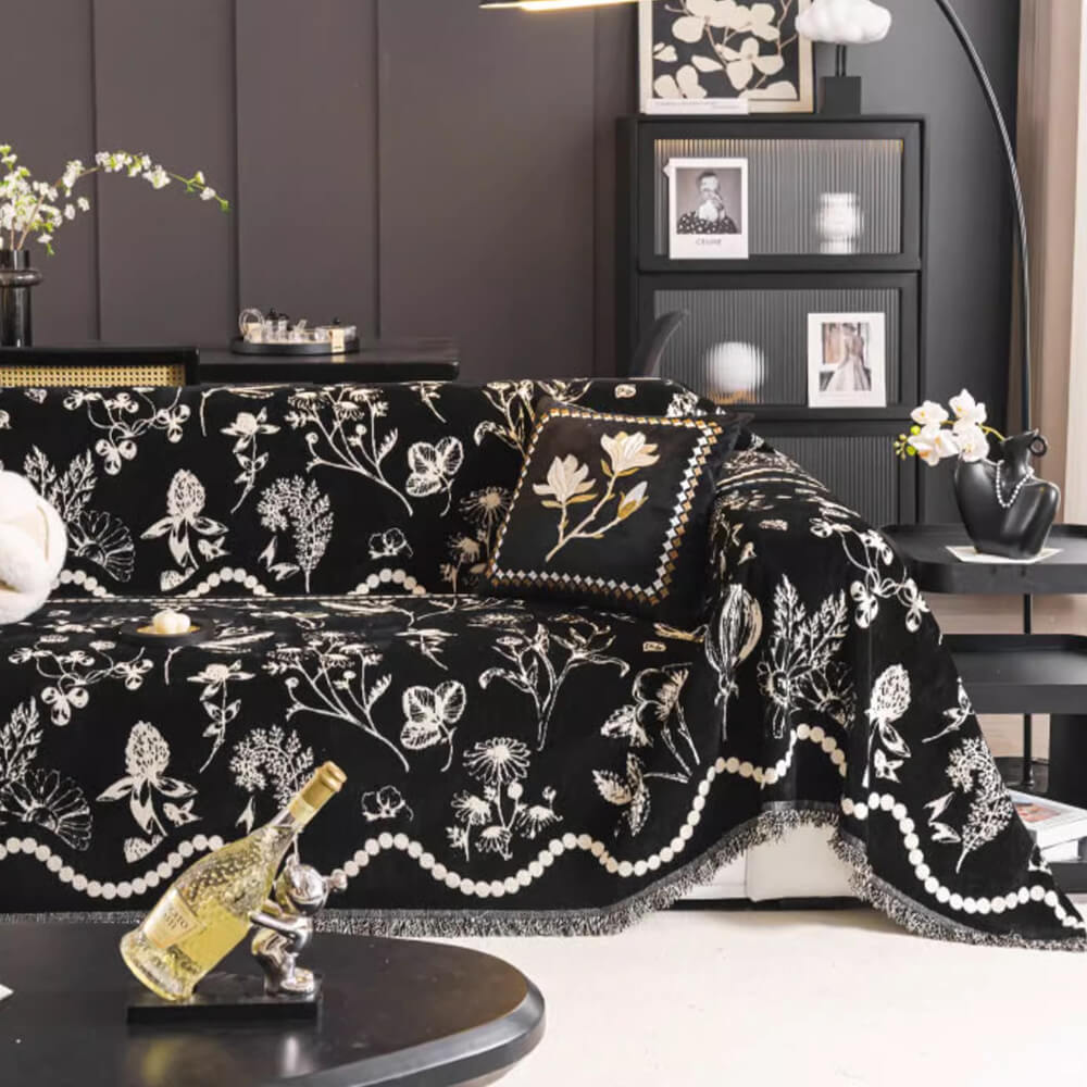 Chenille Floral Art with Tassel Edge Non-Slip Throw Couch Cover