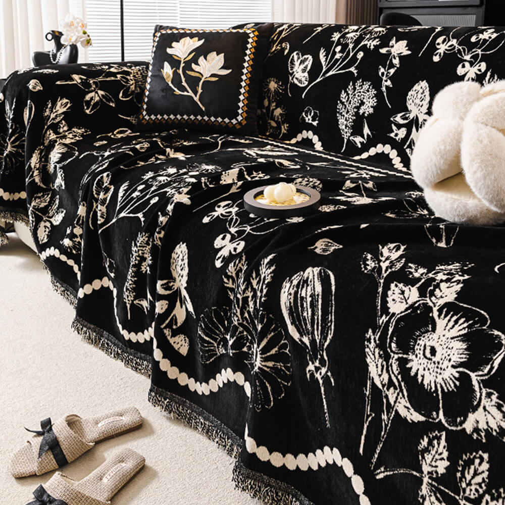 Chenille Floral Art with Tassel Edge Non-Slip Throw Couch Cover