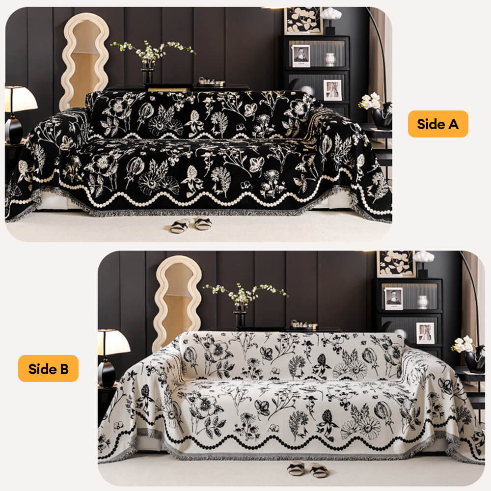 Chenille Floral Art with Tassel Edge Non-Slip Throw Couch Cover