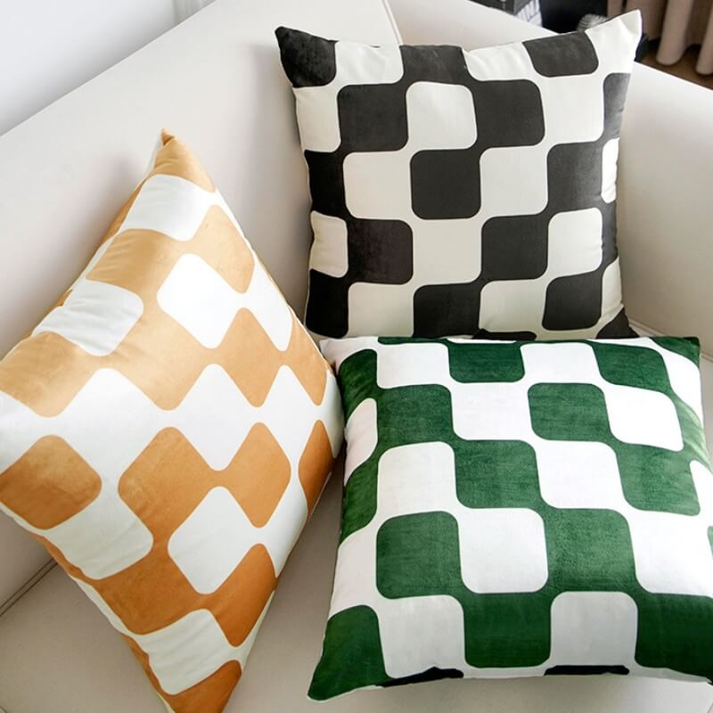 Geometric Labyrinth Check Velvet Throw Pillow