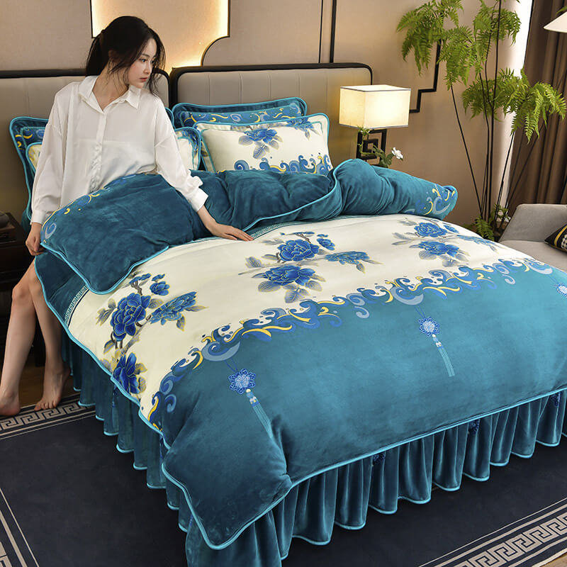 Homely Floral Milk Velvet Comfortable Bed Sheet Set With Bed Skirt