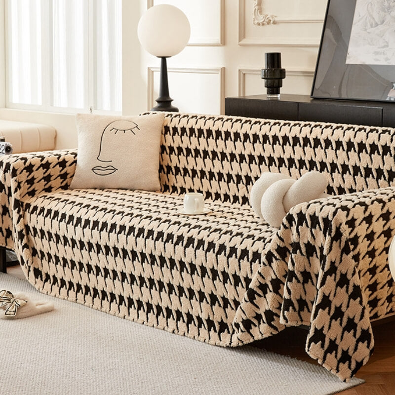 Plush Comfort Houndstooth Furniture Protection Couch Cover